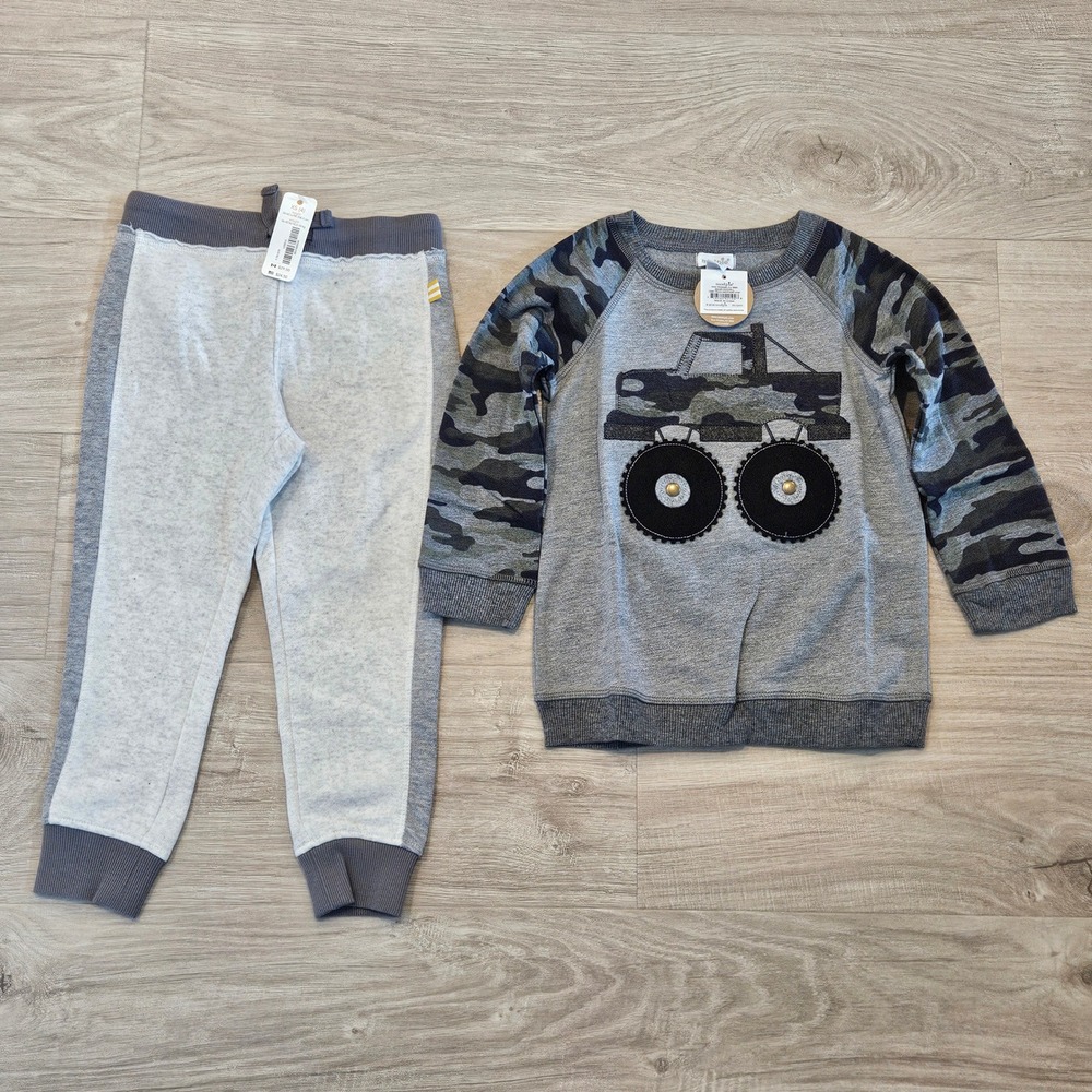 Mud Pie Gymboree Monster Truck Camo Outfit Kid 4T 5T Gray NEW Sweatshirt Joggers